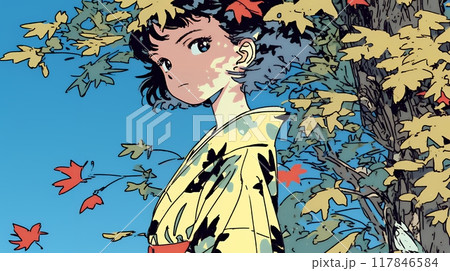 紅葉に包まれた中、着物を纏った若い女性が佇んでいる