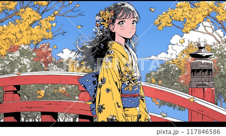 紅葉に包まれた中、着物を纏った若い女性が佇んでいる