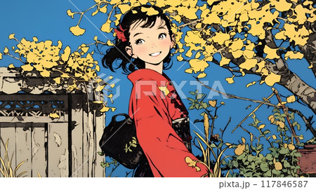 紅葉に包まれた中、着物を纏った若い女性が佇んでいる