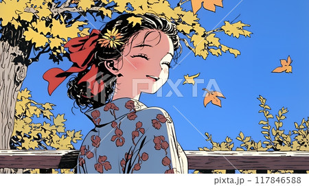 紅葉に包まれた中、着物を纏った若い女性が佇んでいる