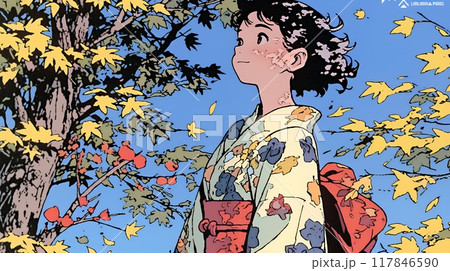 紅葉に包まれた中、着物を纏った若い女性が佇んでいる