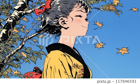 紅葉に包まれた中、着物を纏った若い女性が佇んでいる