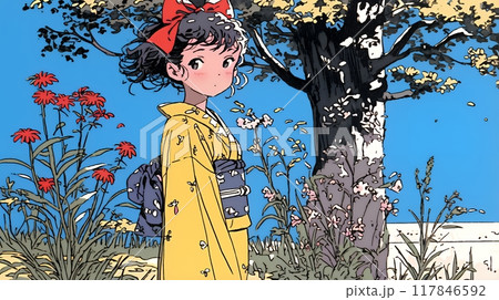 紅葉に包まれた中、着物を纏った若い女性が佇んでいる