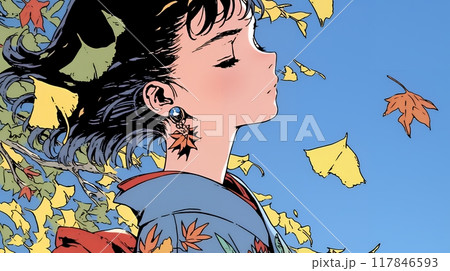紅葉に包まれた中、着物を纏った若い女性が佇んでいる