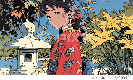 紅葉に包まれた中、着物を纏った若い女性が佇んでいる