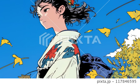 紅葉に包まれた中、着物を纏った若い女性が佇んでいる