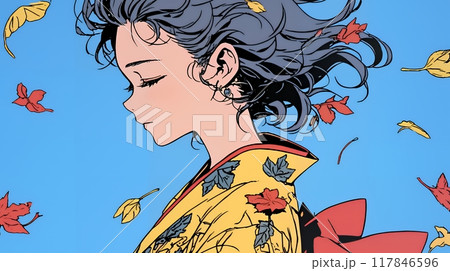 紅葉に包まれた中、着物を纏った若い女性が佇んでいる
