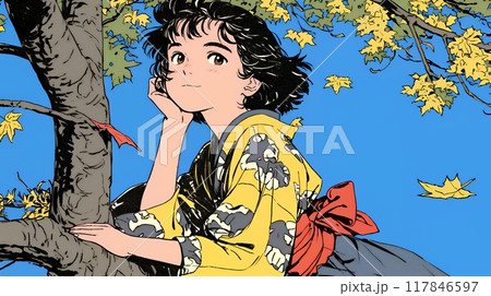紅葉に包まれた中、着物を纏った若い女性が佇んでいる