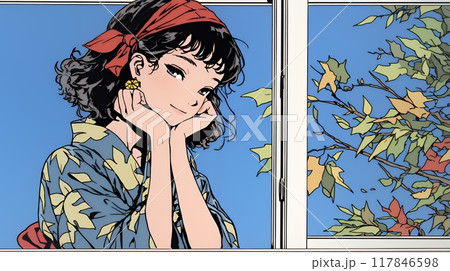 紅葉に包まれた中、着物を纏った若い女性が佇んでいる