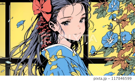 紅葉に包まれた中、着物を纏った若い女性が佇んでいる