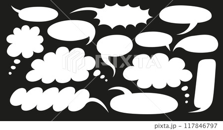Set of speech bubbles. Blank empty vector white speech bubbles shapes on black background. 117846797