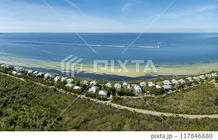Expensive mansions between green palm trees on Gulf of Mexico shore in island small town Boca Grande on Gasparilla Island in southwest Florida, USA. Aerial view of wealthy waterfront neighborhood 117846880