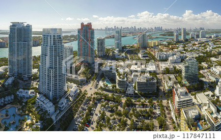 Aerial view of South Beach architecture. Miami Beach city with high luxury hotels and condos. Tourist infrastructure in southern Florida, USA 117847111