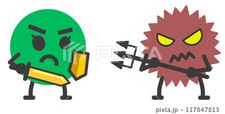 悪玉のバイキンと戦う善玉菌の対決イラスト 悪玉のバイキンと戦う善玉菌の対決イラスト 117847813