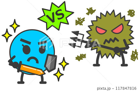 悪玉のバイキンと戦う善玉菌の対決イラスト 悪玉のバイキンと戦う善玉菌の対決イラスト 117847816
