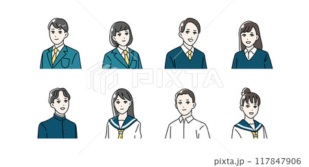 制服を着た学生の上半身イラストセット 117847906