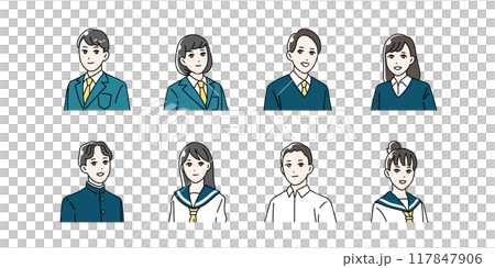 制服を着た学生の上半身イラストセット 117847906