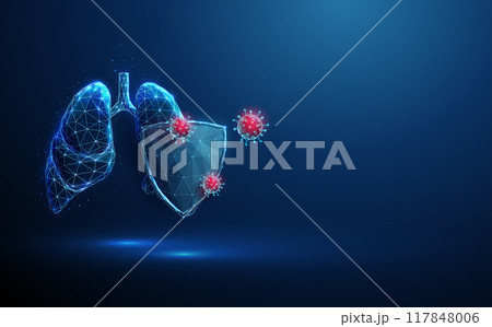 Abstract blue human lungs behind the futuristic guard shield attacted by red viruses. Lungs protection. Healthcare medical concept. Abstract blue human lungs behind the futuristic guard shield attacted by red viruses. Lungs protection. Healthcare medical concept. 117848006