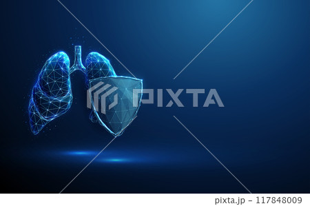 Abstract blue human lungs behind the futuristic guard shield. Lungs protection. Healthcare medical concept. Low poly style. Geometric background. Abstract blue human lungs behind the futuristic guard shield. Lungs protection. Healthcare medical concept. Low poly style. Geometric background. 117848009