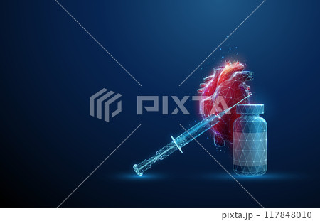 Bottle and syringe in front of red futuristic human heart. Heart diseases, medical treatment and pharmacy concept. Low poly hologram style. Bottle and syringe in front of red futuristic human heart. Heart diseases, medical treatment and pharmacy concept. Low poly hologram style. 117848010