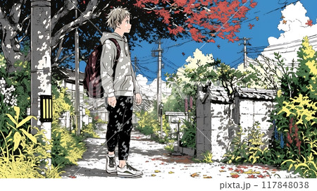 秋の景色：紅葉の小径を歩く若い男性
