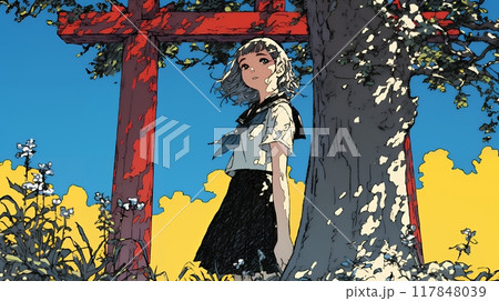 秋の景色：山の紅葉と朱い鳥居と女子高生