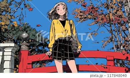 秋の景色：若い女性と紅葉と山道に続く朱色の太鼓橋の欄干