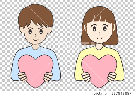 一個年輕男人和一個女人抱著心的插圖。同情心圖標素材 117848887