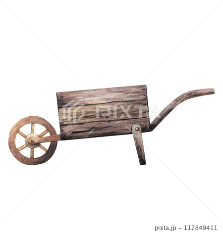 Antique rustic old empty wooden wheelbarrow. Hand drawn horticultural sundry. Watercolor illustration isolated on white background. For clip art posters flyers Antique rustic old empty wooden wheelbarrow. Hand drawn horticultural sundry. Watercolor illustration isolated on white background. For clip art posters flyers 117849411