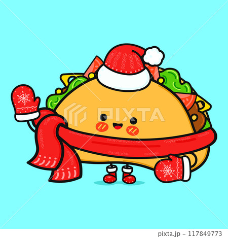 Funny smiling happy Taco christmas. Vector flat cartoon character illustration icon design. Isolated on blue background 117849773