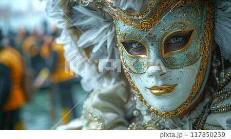 attending the Venice Carnival in Italy, witnessing the elaborate masks, intricate costumes, and romantic atmosphere 117850239