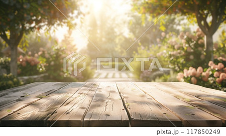 Weathered wooden table and lush garden scene. Ideal for spring and summer promotions or garden decor advertisements. Copy space. Weathered wooden table and lush garden scene. Ideal for spring and summer promotions or garden decor advertisements. Copy space. 117850249