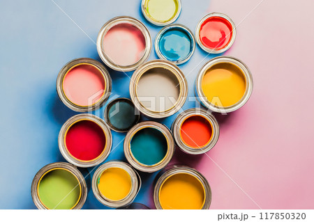 A flat lay of multicolored paint can on background Generation AI A flat lay of multicolored paint can on background Generation AI 117850320