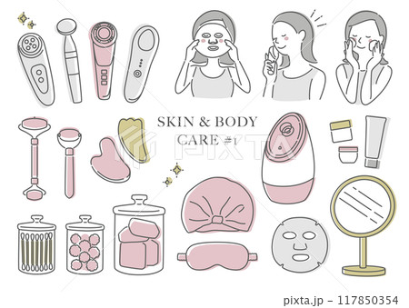 スキンケアをしている女性のイラスト（線画） 117850354