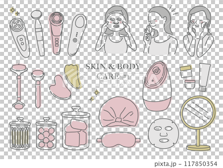 スキンケアをしている女性のイラスト（線画） 117850354