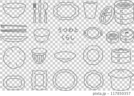 手書き風シンプルなテーブルウェアのイラストセット(線画)) 手書き風シンプルなテーブルウェアのイラストセット(線画)) 117850357