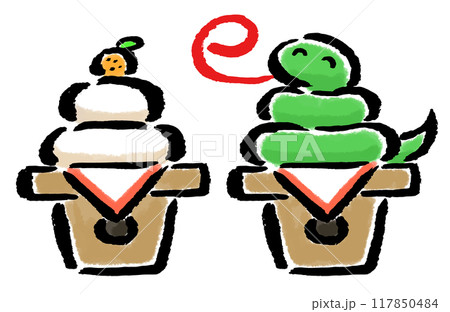 鏡餅の真似をする蛇（巳）　筆タッチ手描きイラスト 117850484