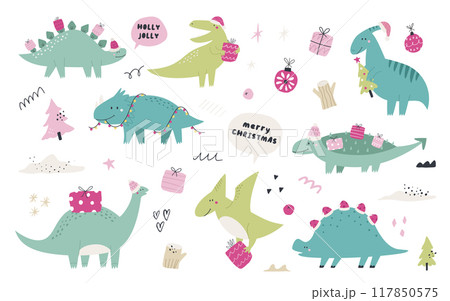 Hand drawn Christmas dinosaurs and doodle decorative elements Hand drawn Christmas dinosaurs and doodle decorative elements 117850575