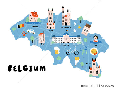 Detailed Hand-Drawn Map of Belgium with Landmarks and Cultural Symbols 117850579