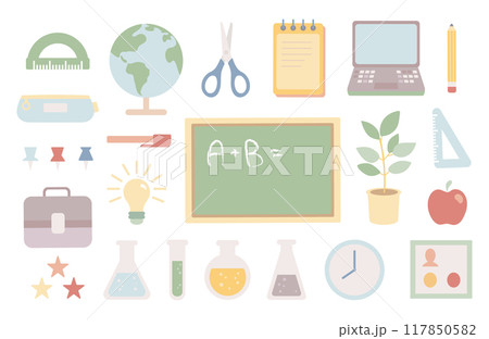 School, teaching and learning supplies, cute set of elements. Cartoon flat vector illustration. School, teaching and learning supplies, cute set of elements. Cartoon flat vector illustration. 117850582