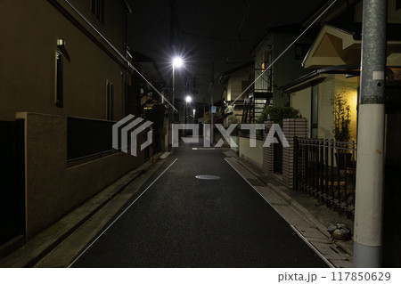 真夜中の住宅街、暗がりの路地、閑静な住宅街の夜道 真夜中の住宅街、暗がりの路地、閑静な住宅街の夜道 117850629