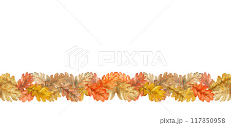 Seamless border of autumn colorful orange, yellow, brown oak leaves. Hand drawn watercolor botanical illustration. Texture of natural foliage, acorns for harvest festival, Thanksgiving, Halloween Seamless border of autumn colorful orange, yellow, brown oak leaves. Hand drawn watercolor botanical illustration. Texture of natural foliage, acorns for harvest festival, Thanksgiving, Halloween 117850958