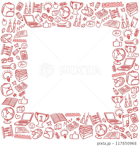 Hand drawn Back to School stationary frame or border. Set of school and education related items Hand drawn Back to School stationary frame or border. Set of school and education related items 117850968