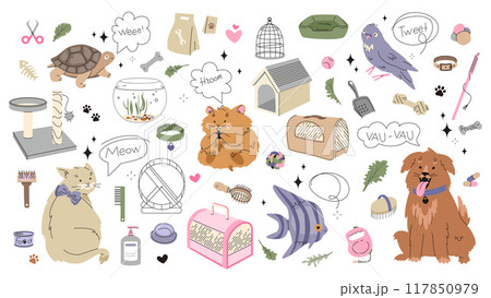 pet characters and accessories vector set pet characters and accessories vector set 117850979
