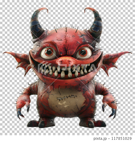 A joyful red devil character stands with a wide grin, showcasing sharp teeth and large eyes. Its spiky wings and mischievous expression add energy to the fantasy-themed environment. 117851029