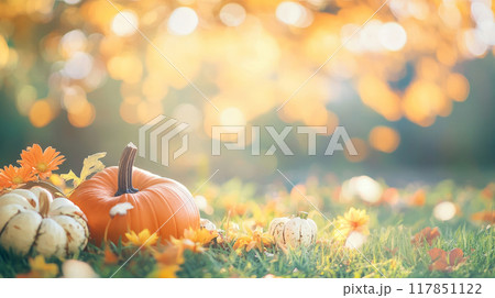 Colorful Pumpkins and Autumn Flowers on Green Grass 117851122