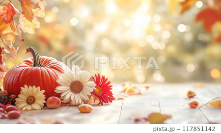 Pumpkins and Autumn Flowers 117851142