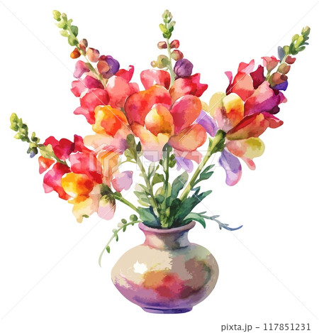 Watercolor Snapdragon Flower in Vase 117851231
