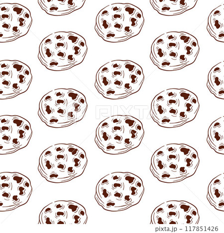 Seamless pattern with chocolate chip cookies in line art style. Perfect for bakery packaging and decorative design. Vector illustration isolated on a white background. 117851426