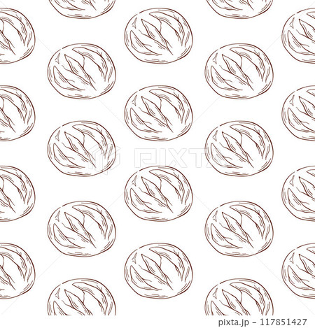 Seamless pattern featuring line art style bread loaves. Ideal for bakery design, packaging, or backdrop. Vector illustration isolated on a white background. 117851427